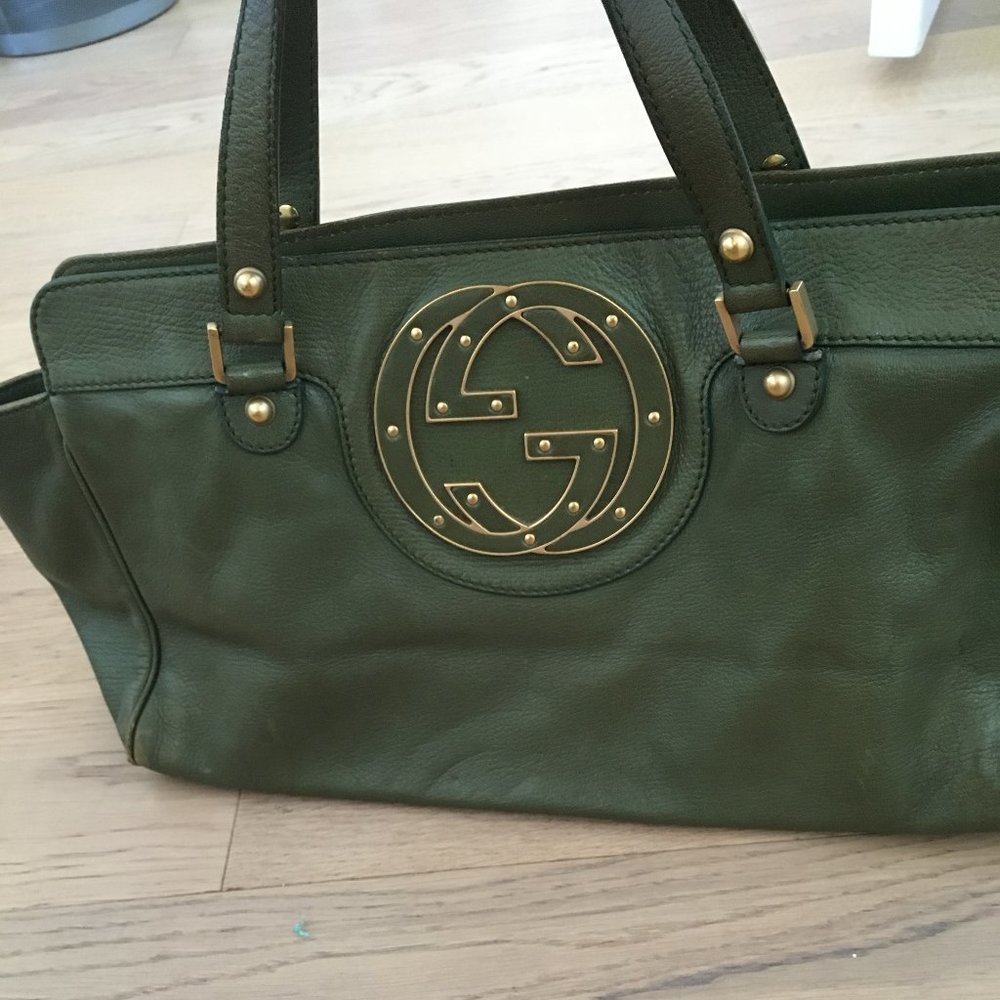 Gucci Green Studded Blondie Satchel Green GG Logo - Picture 8 of 10